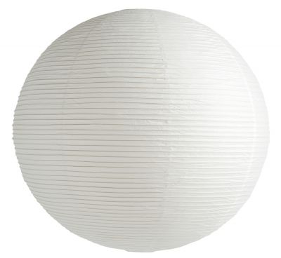 Nahaufnahme des runden, weißen Hay Lampenschirms aus Reispapier mit feinen horizontalen Linien.